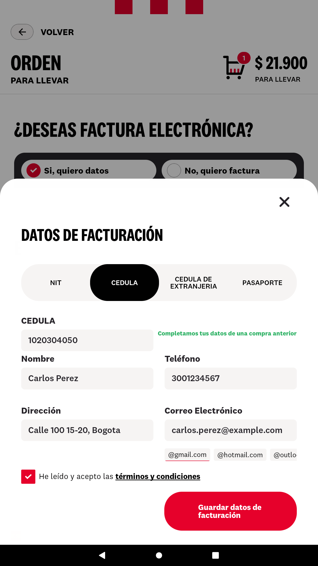Kiosk billing data form with the details filled in from a previous purchase