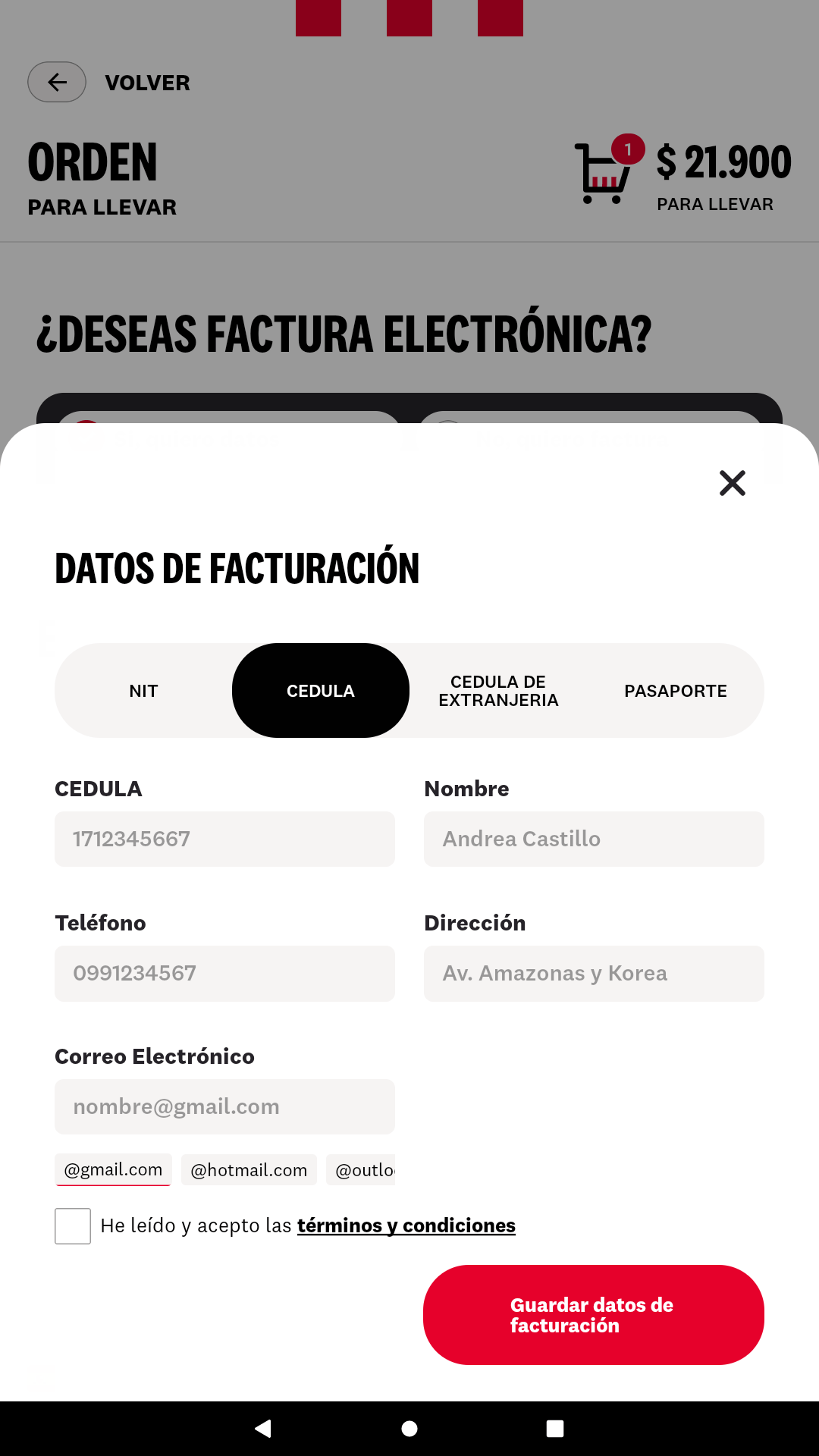 Kiosk document type selector in Colombia with CEDULA selected