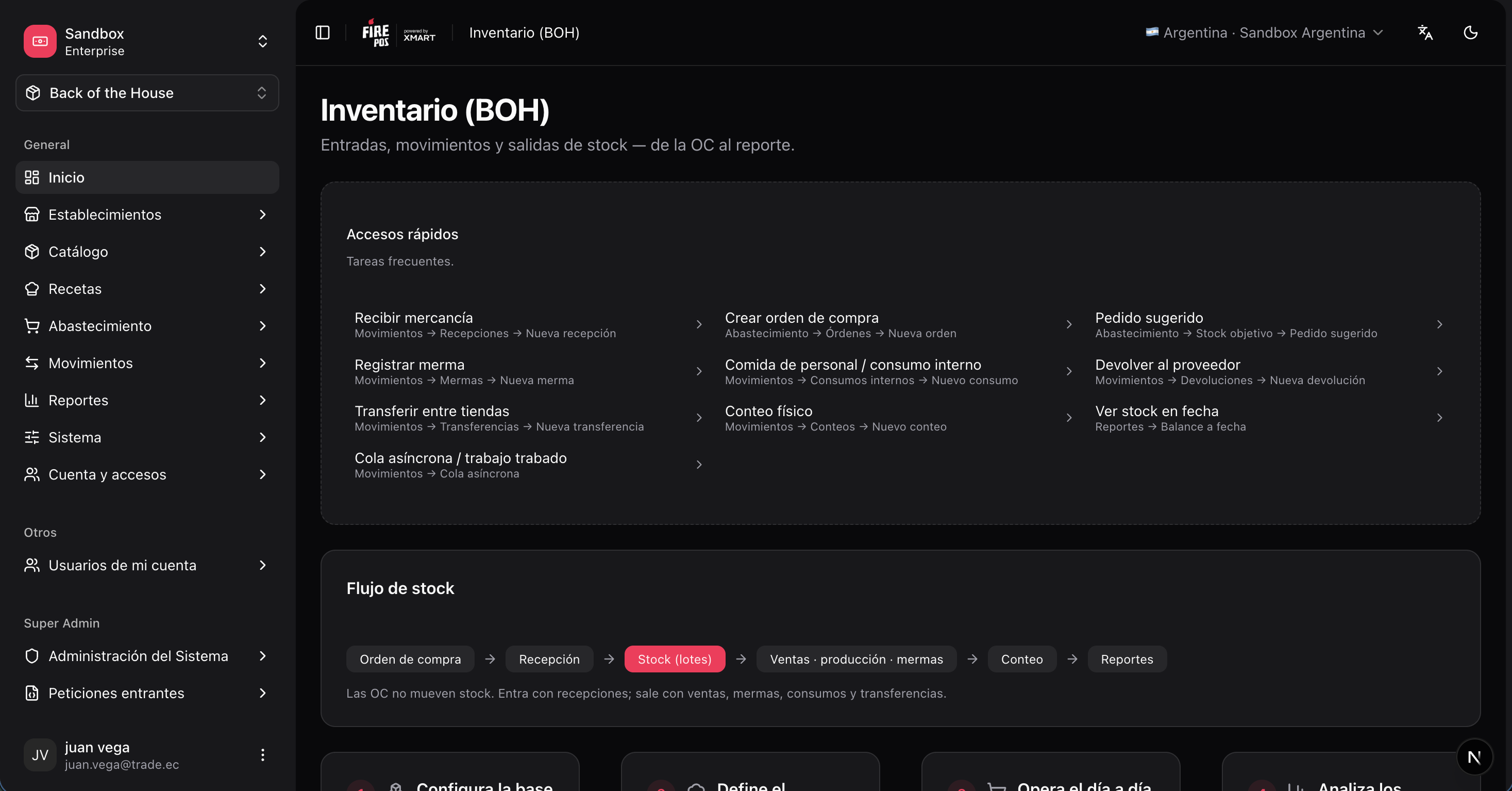 BOH home dashboard in the Fire backoffice