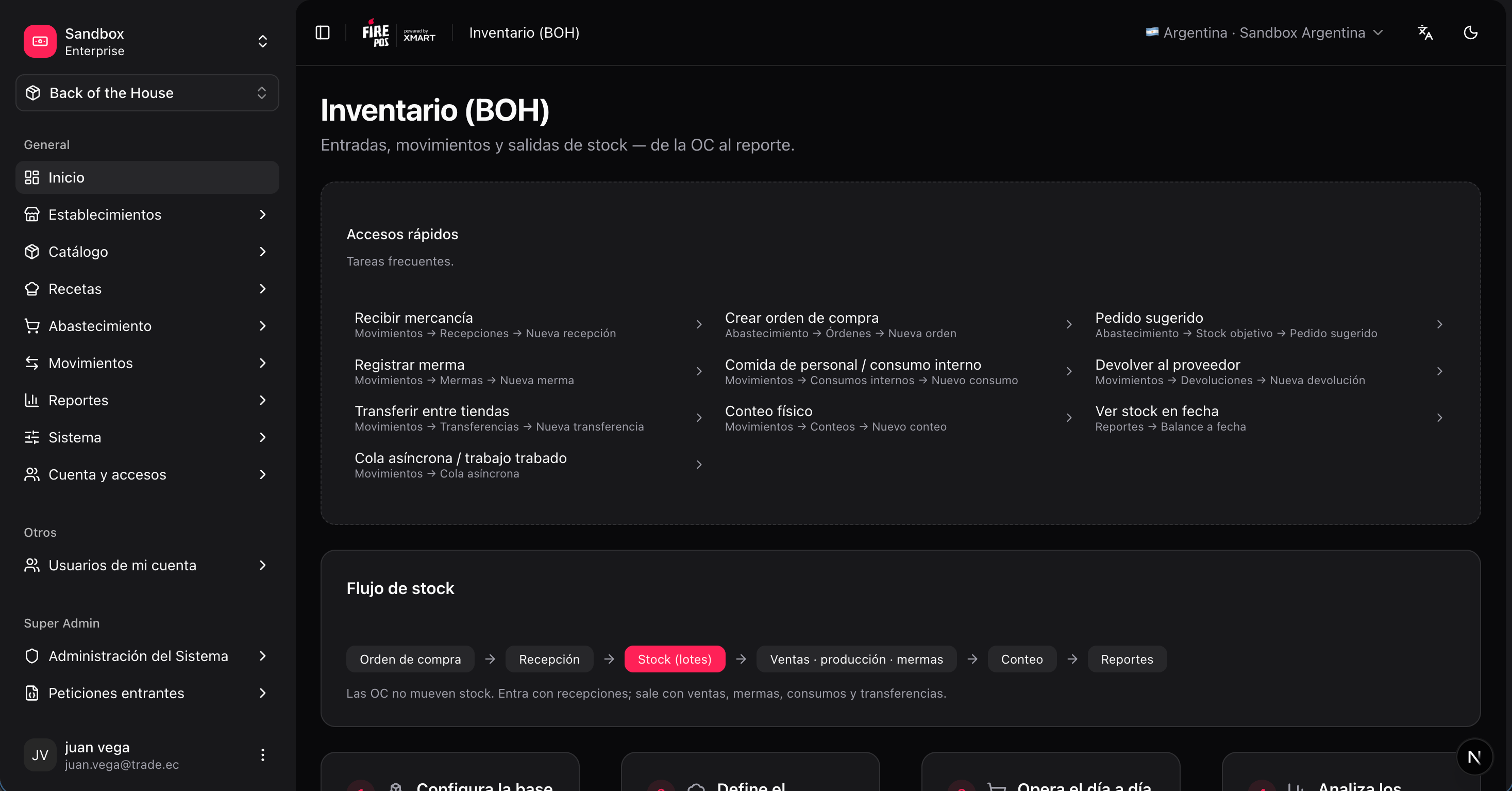 BOH home dashboard in the Fire backoffice