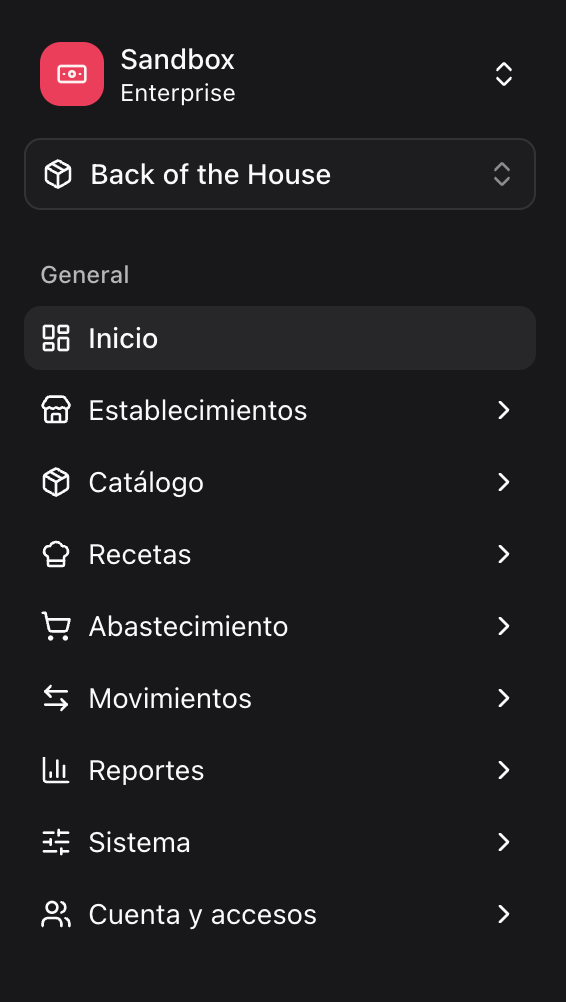 BOH menu sections in the Fire backoffice sidebar