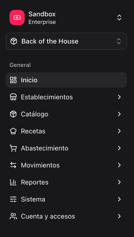 BOH menu sections in the Fire backoffice sidebar