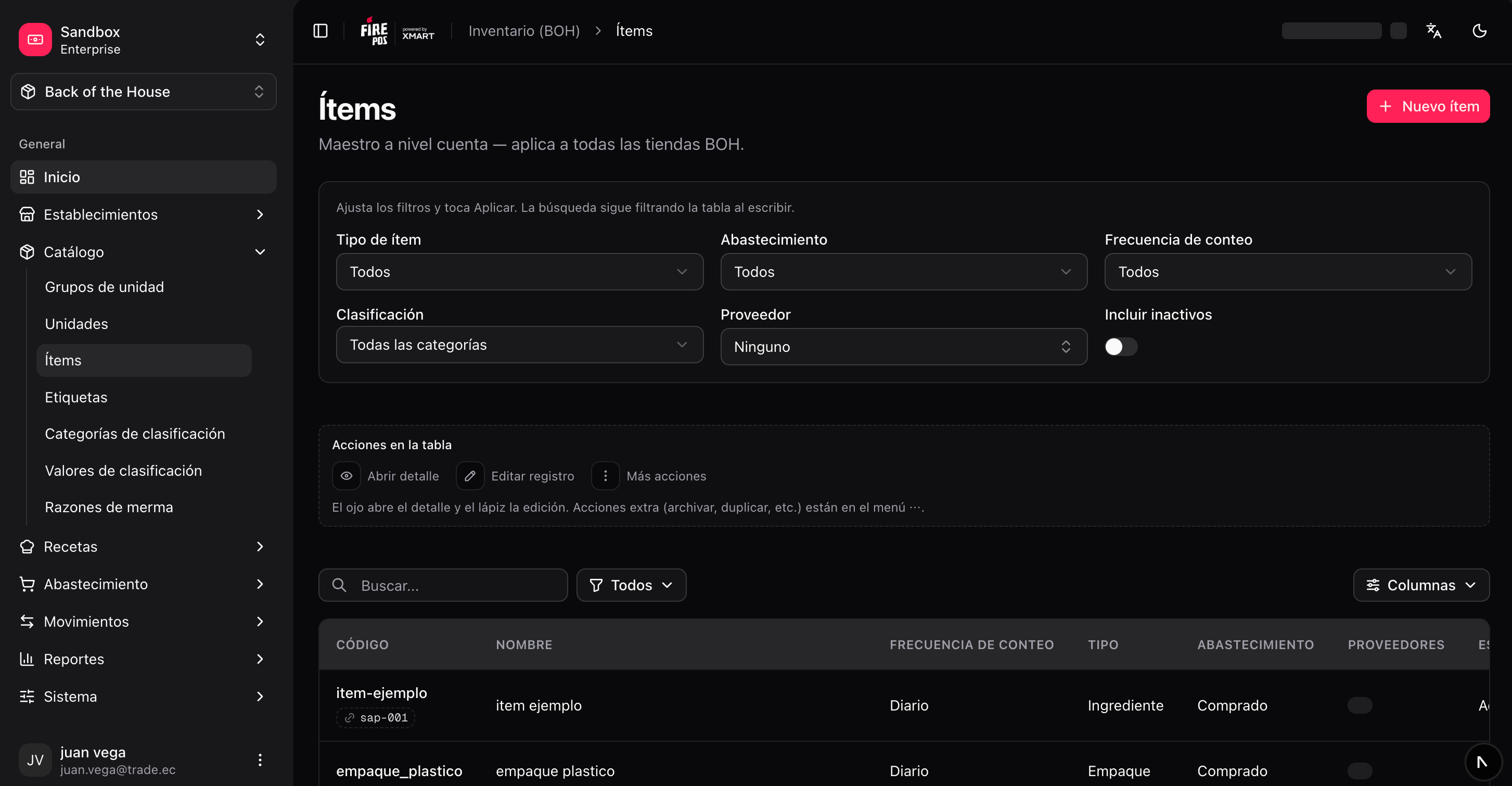 Items list with type, supplier and classification filters