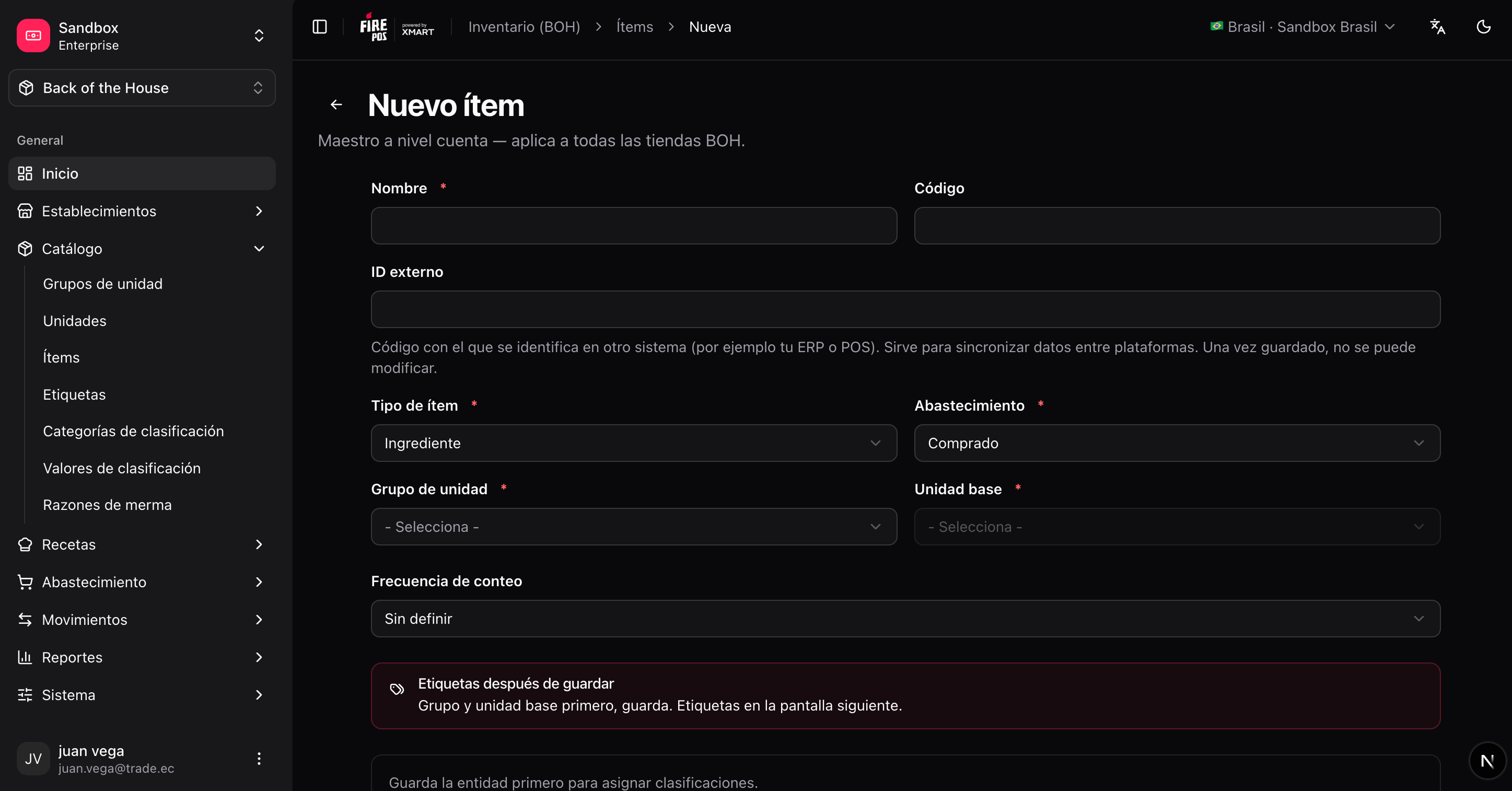Item creation form with base unit and tracking options