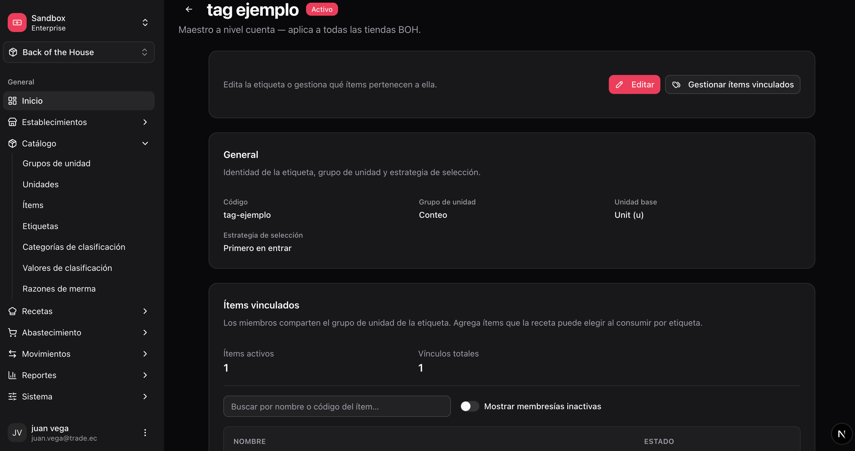 Item tag detail with member items and selection strategy