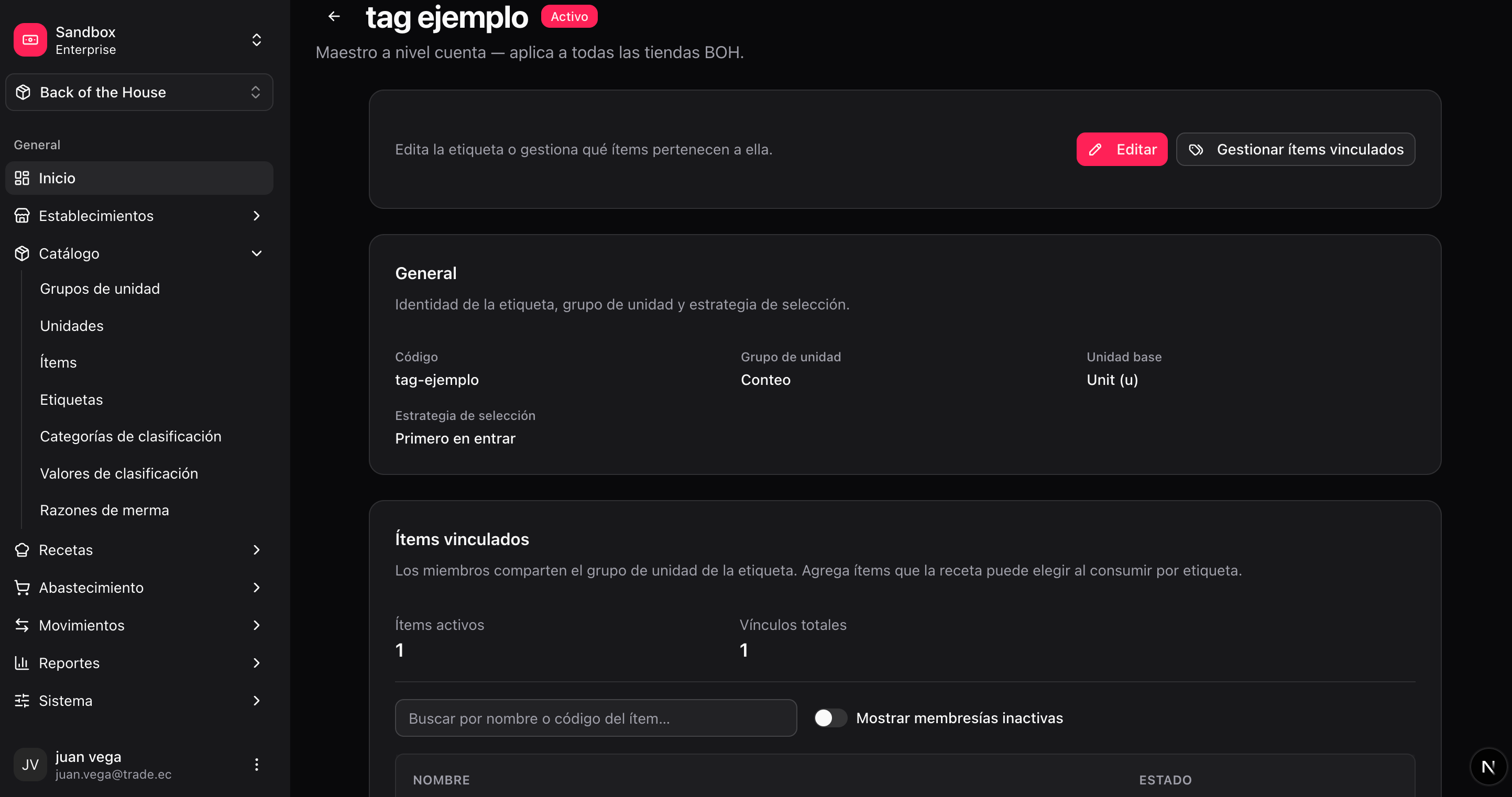 Item tag detail with member items and selection strategy