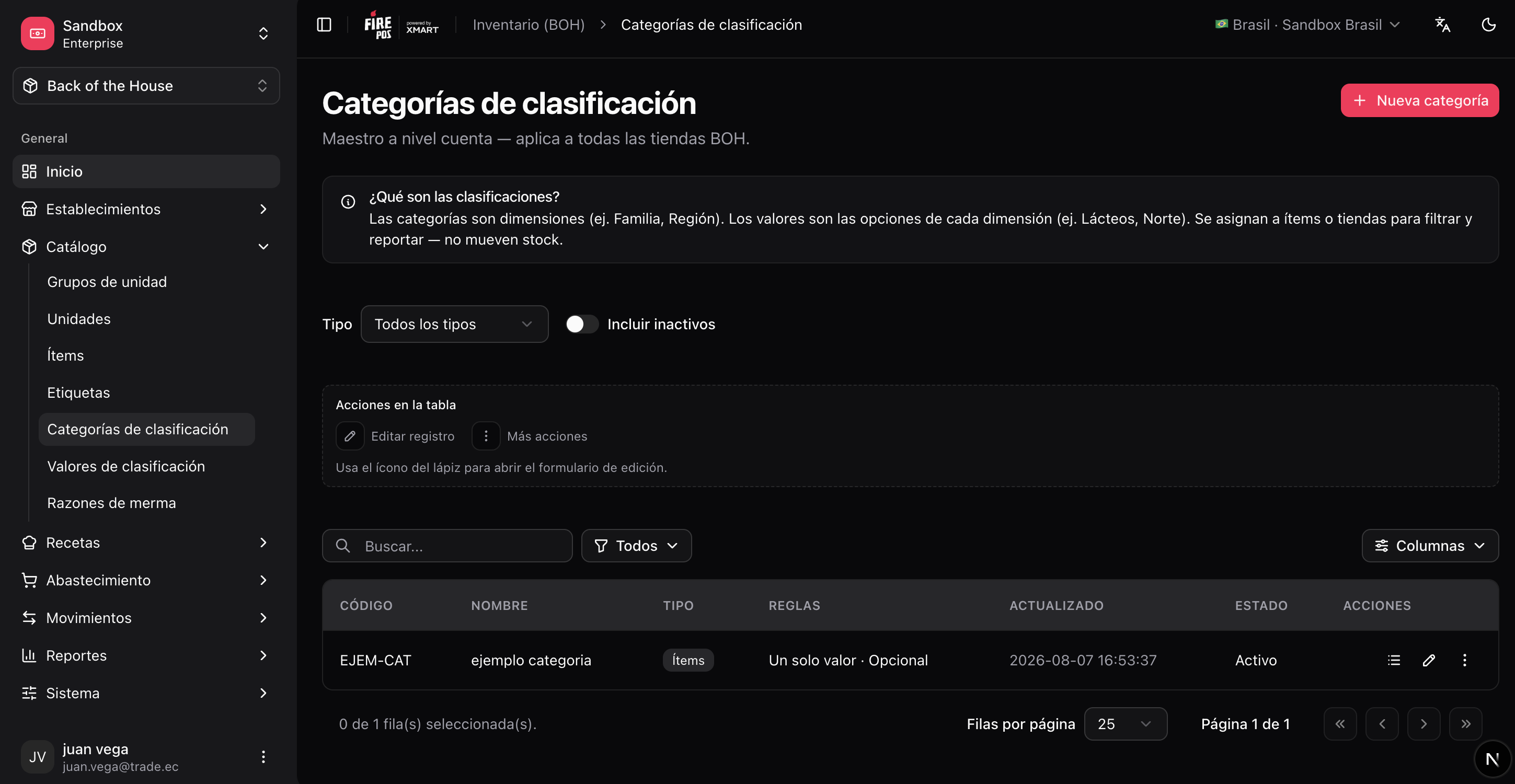 Classification categories and values screens