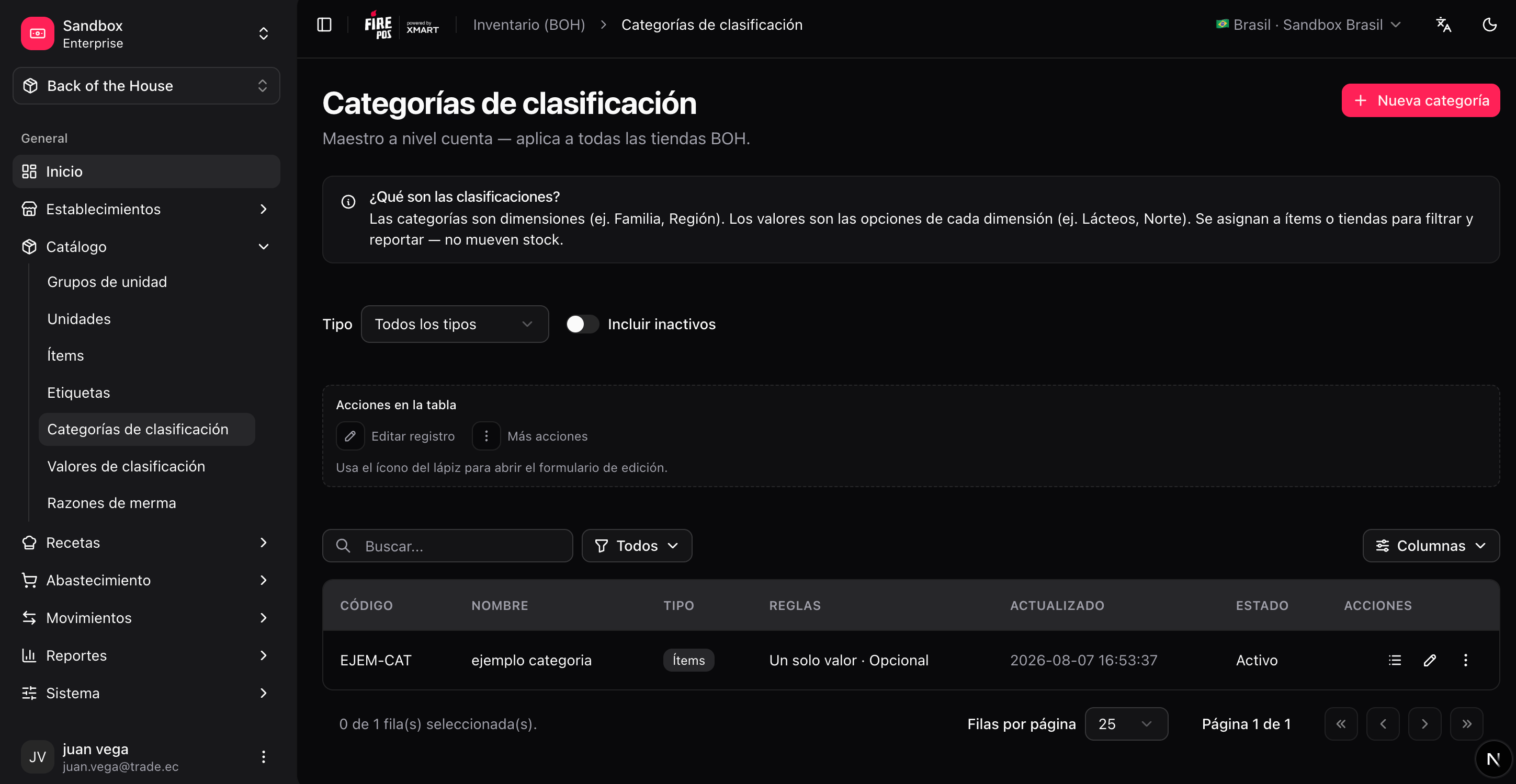 Classification categories and values screens