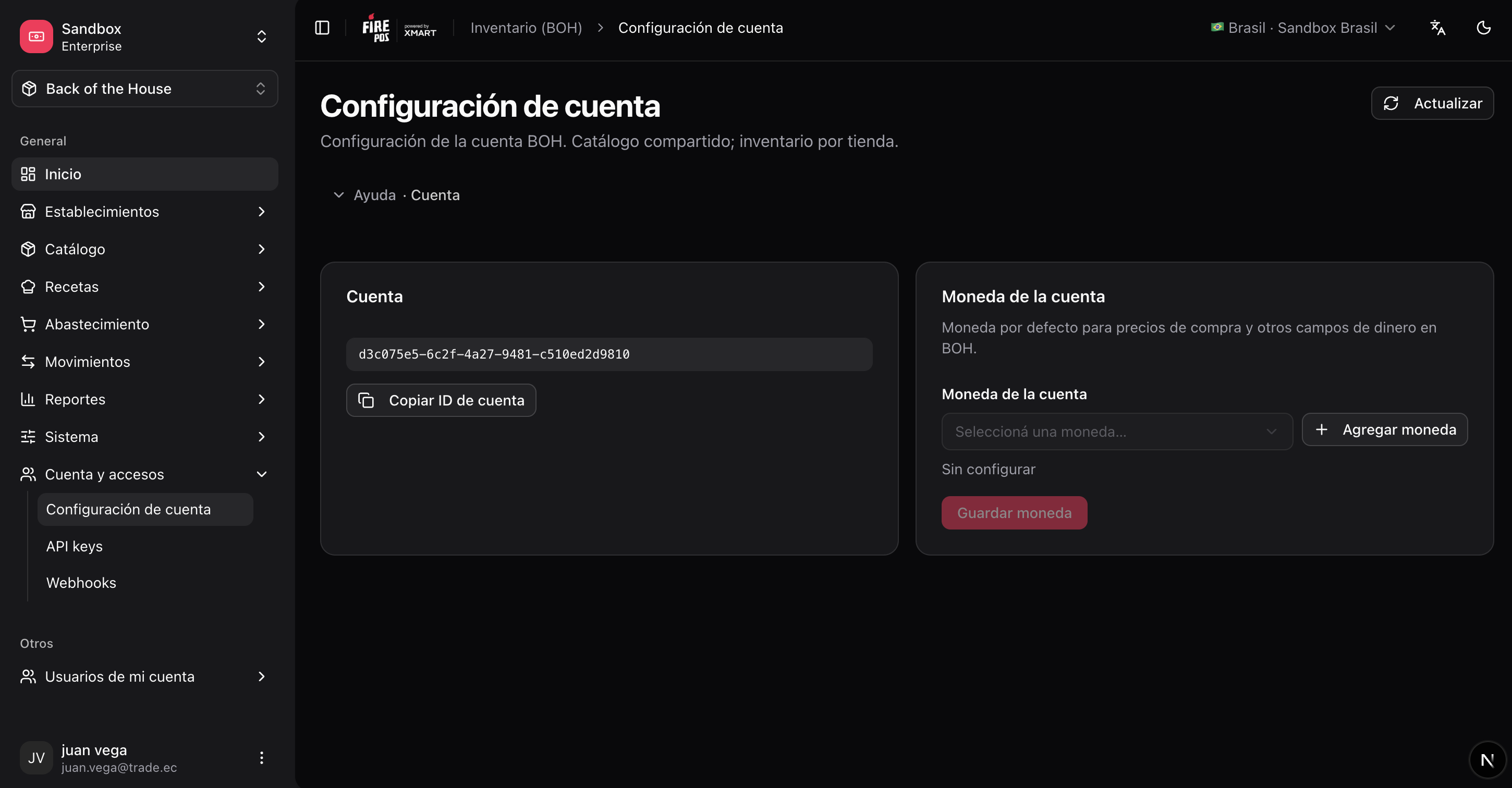 Account settings with the ISO 4217 currency selector