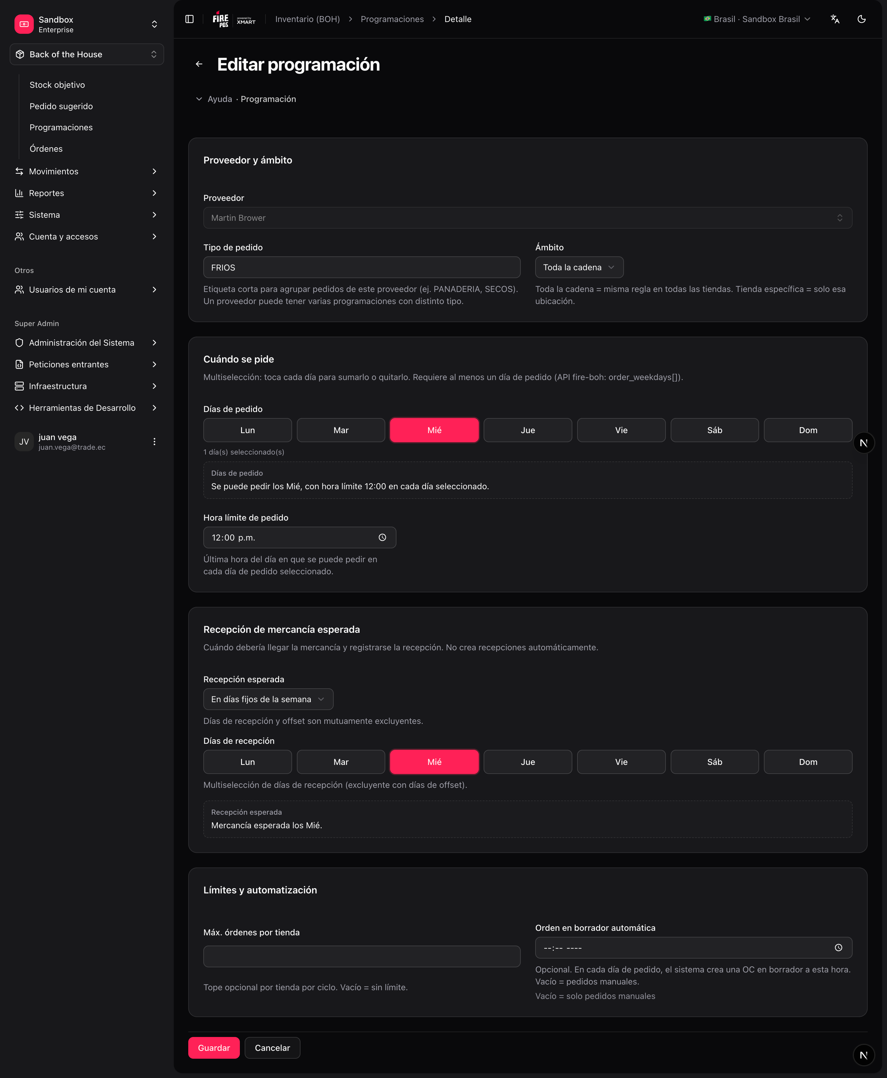 Purchase order detail with lines and lifecycle actions