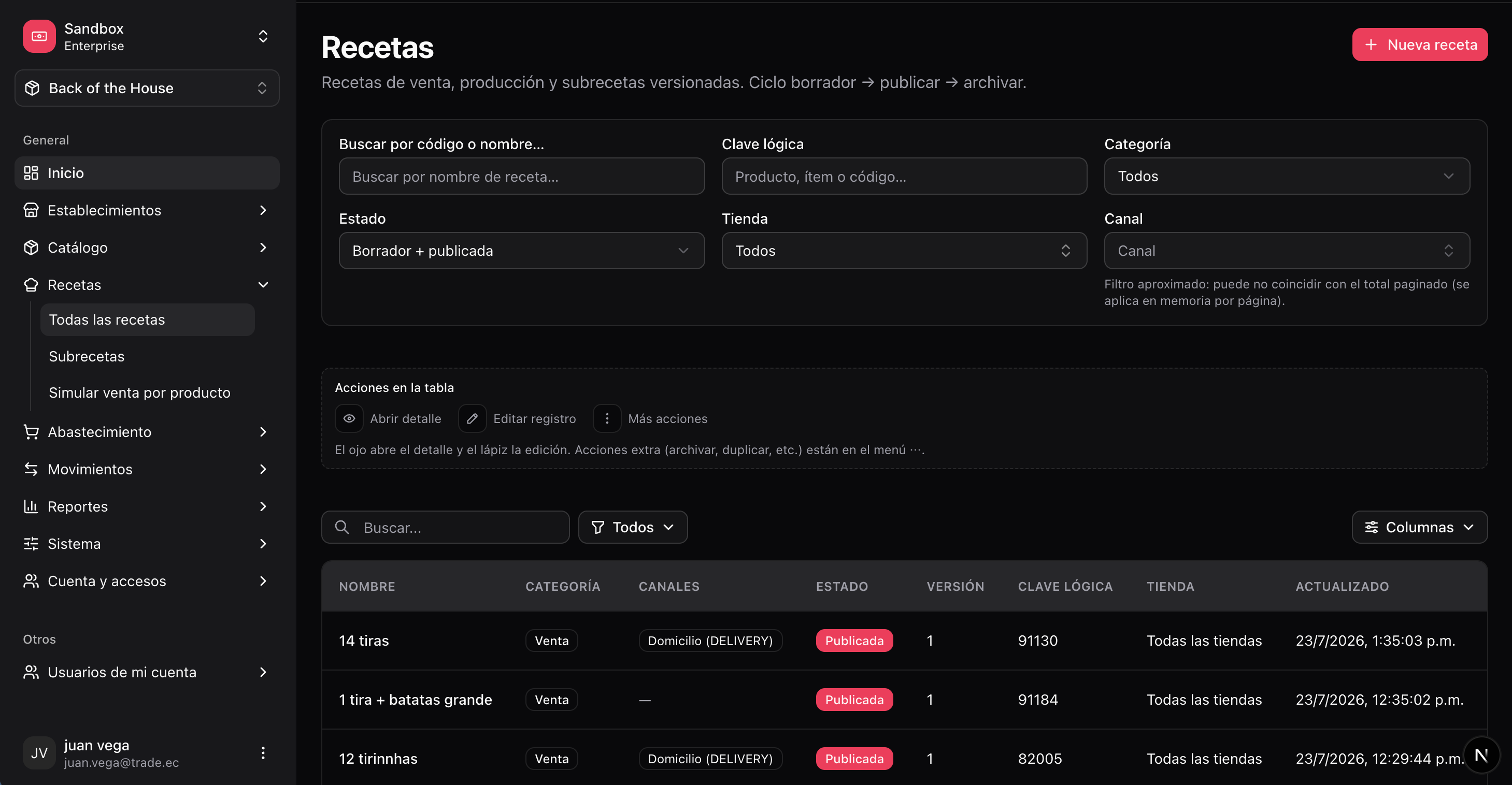 Recipes list with type filter