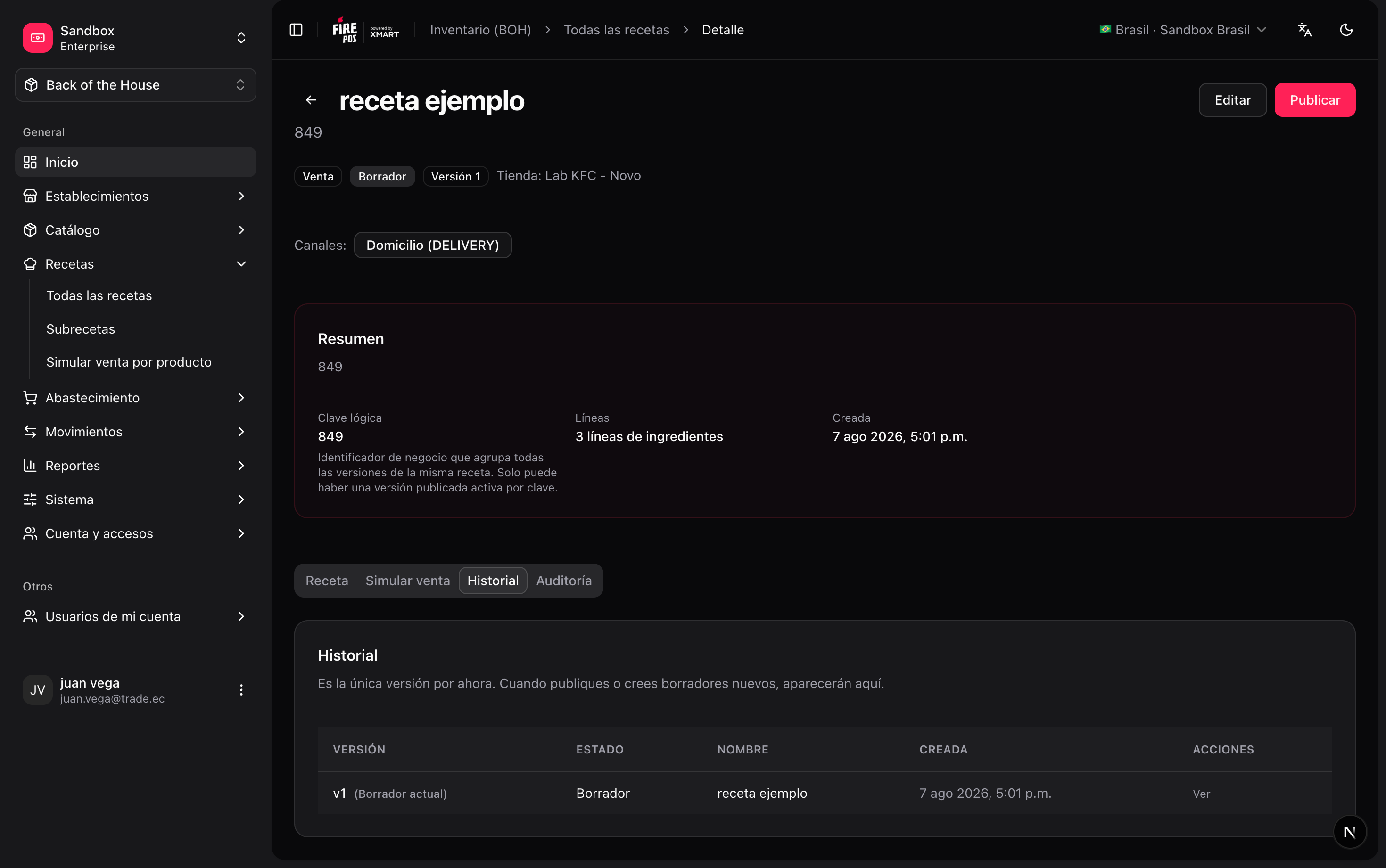 Recipe detail with version history and publish action