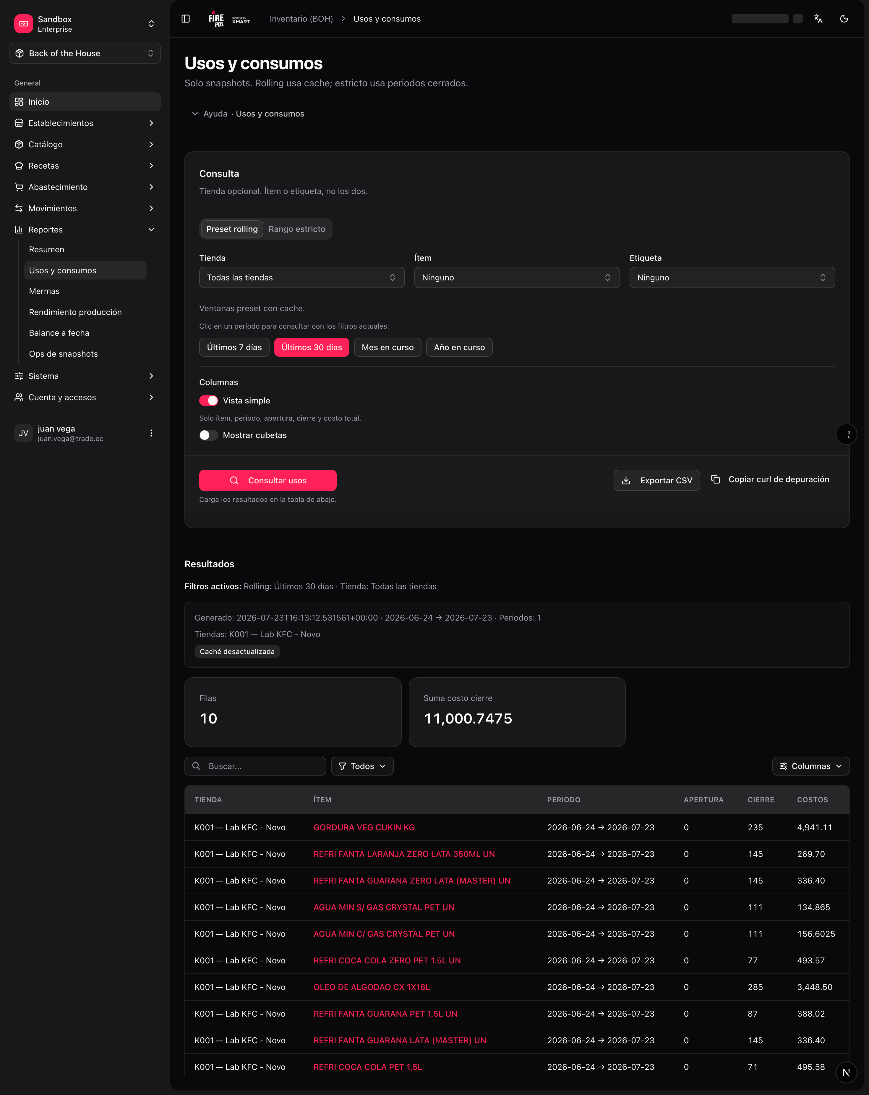 Inventory usage report with movement breakdown