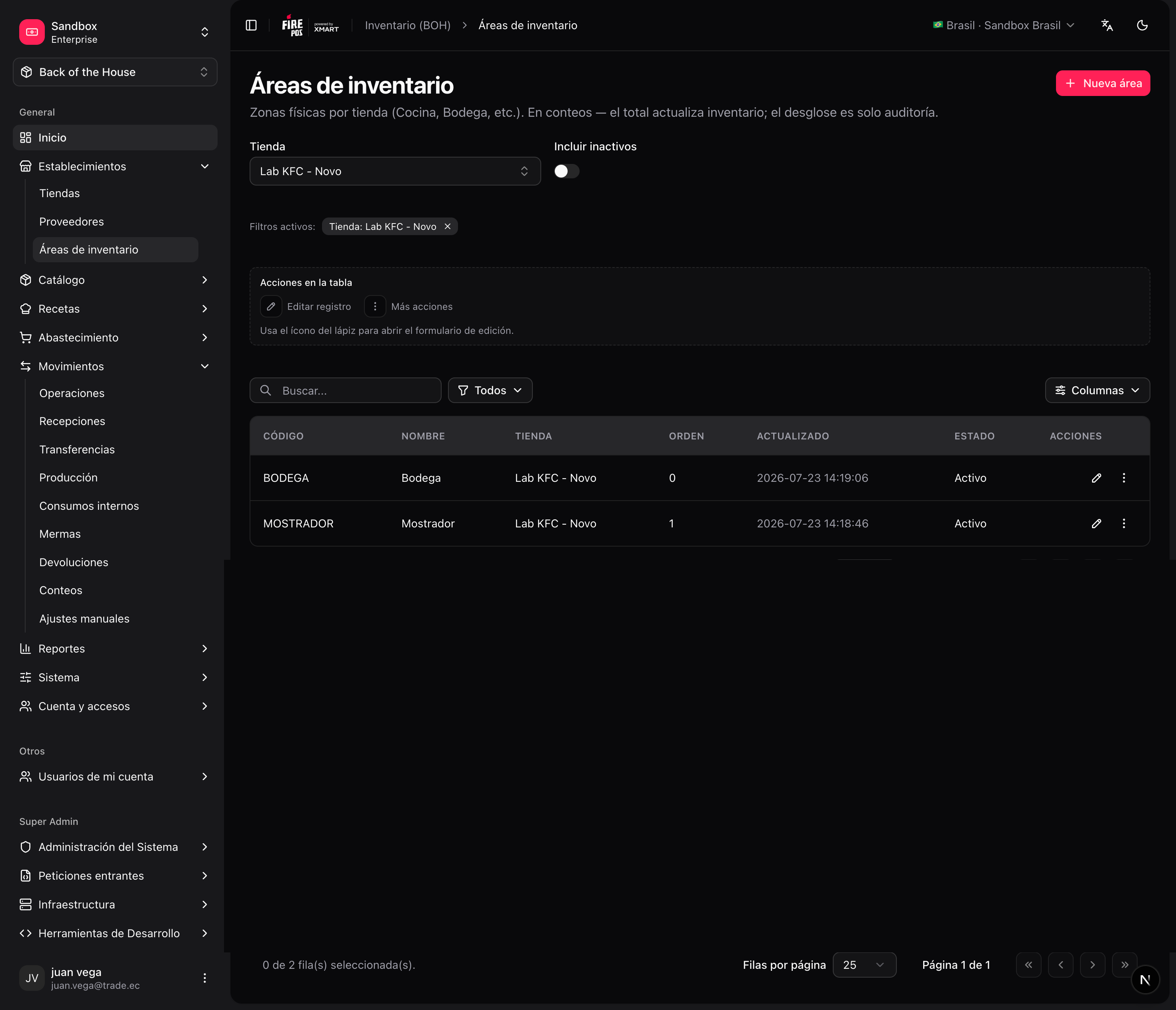 Inventory areas list for a store
