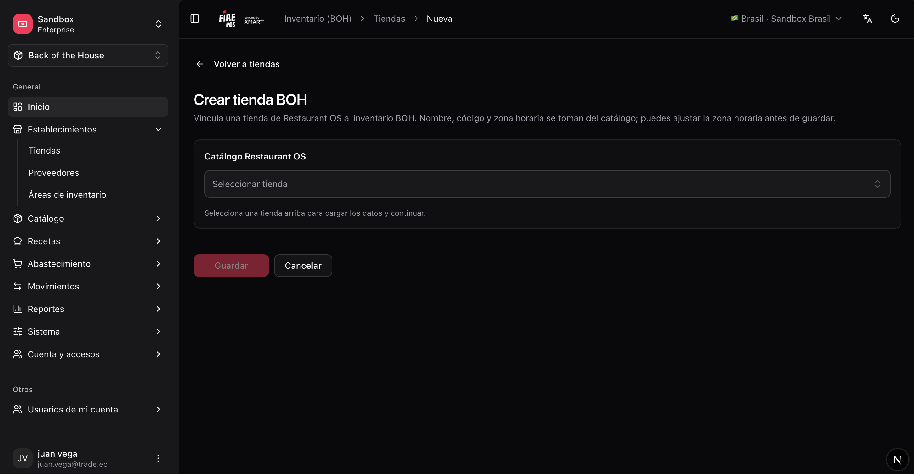 BOH store creation form with Restaurant OS store selector