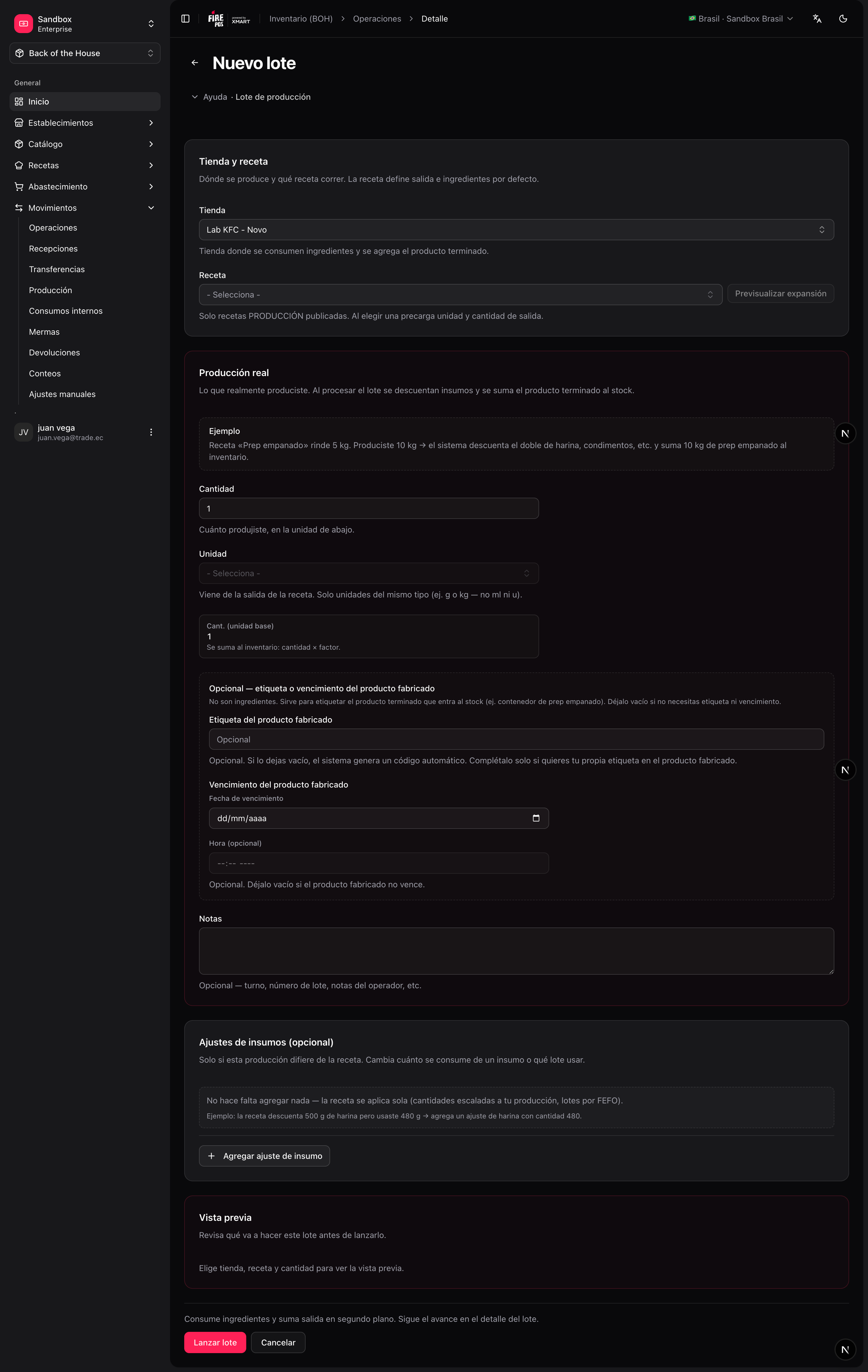 Production batch form with planned and actual output