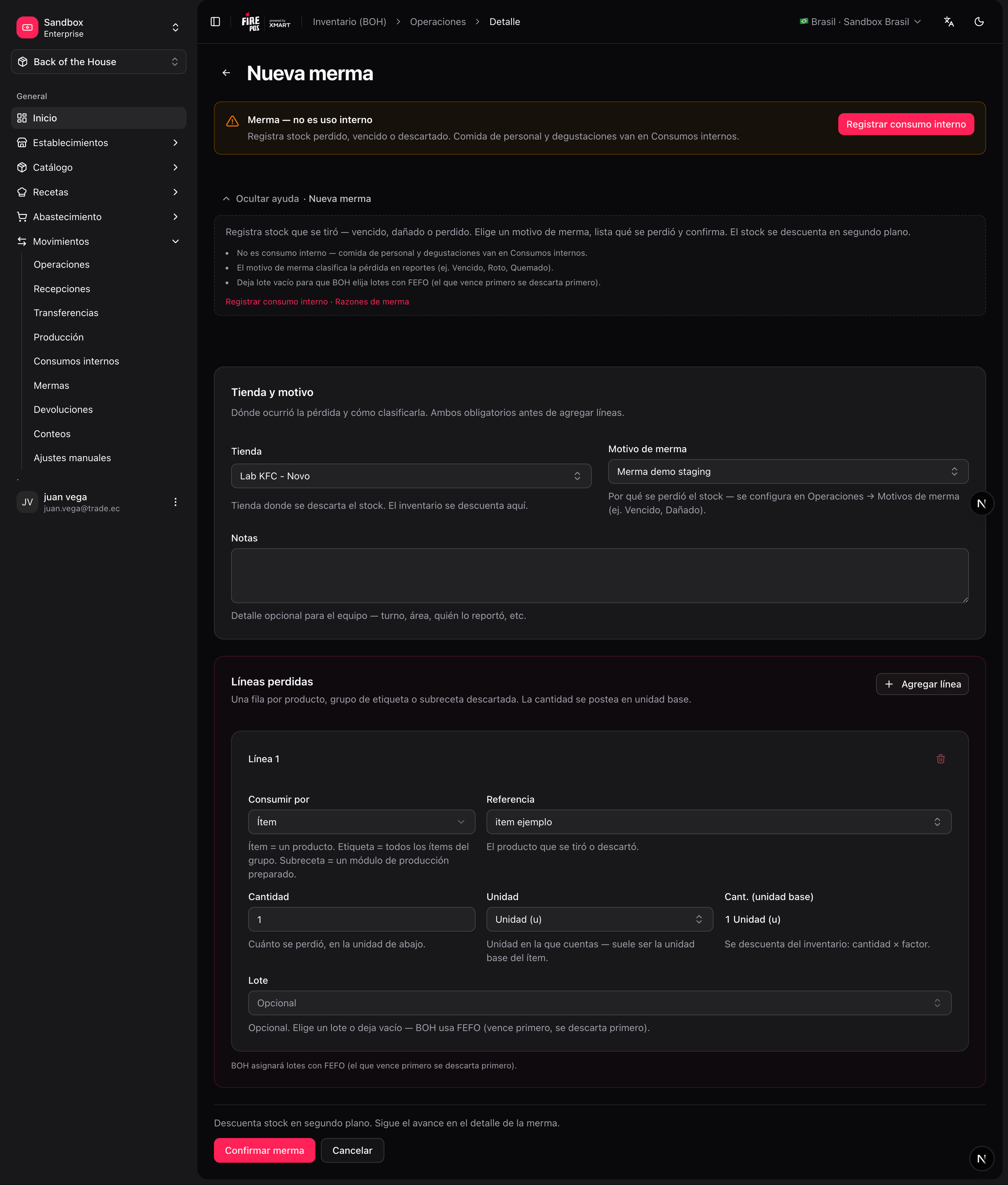 Waste event form with reason per line
