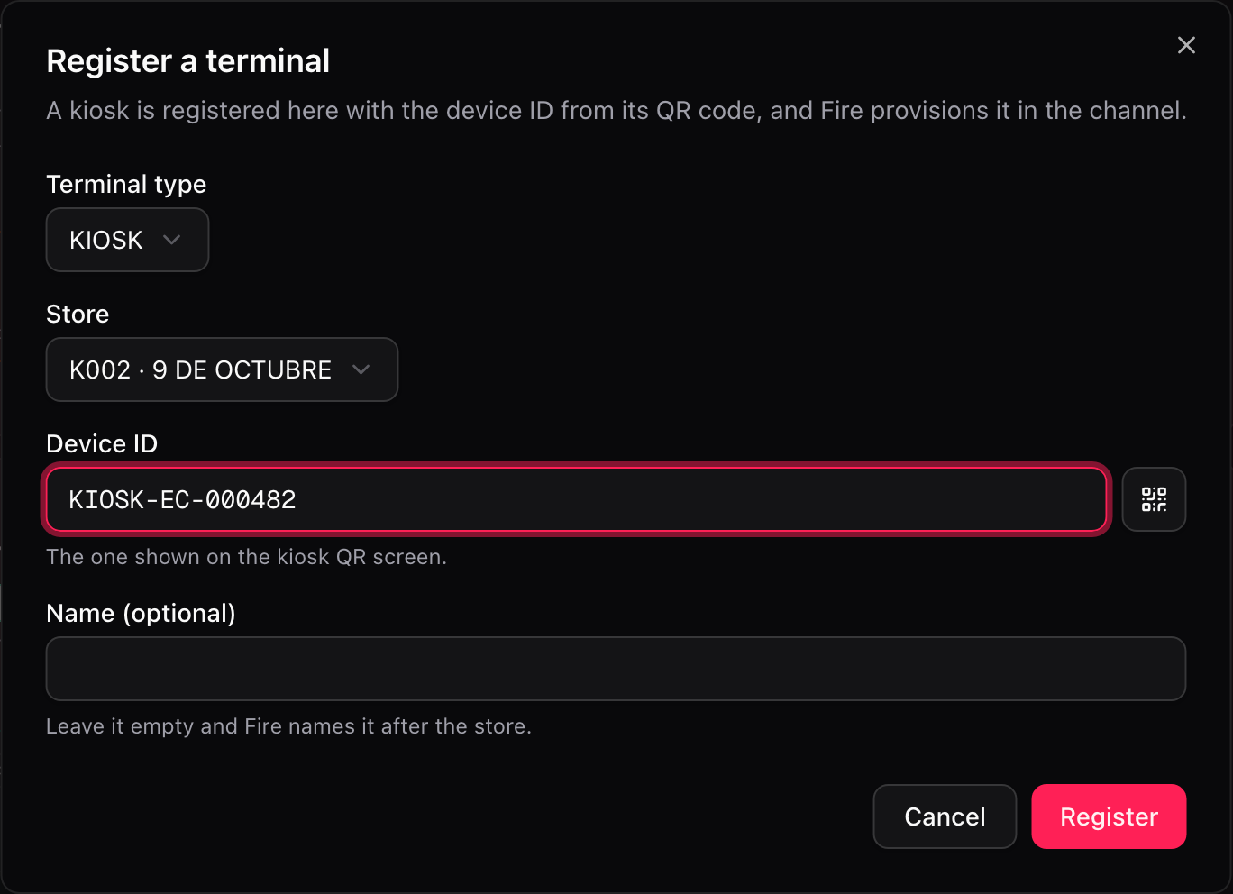 Diálogo de registrar un terminal con los campos de kiosco