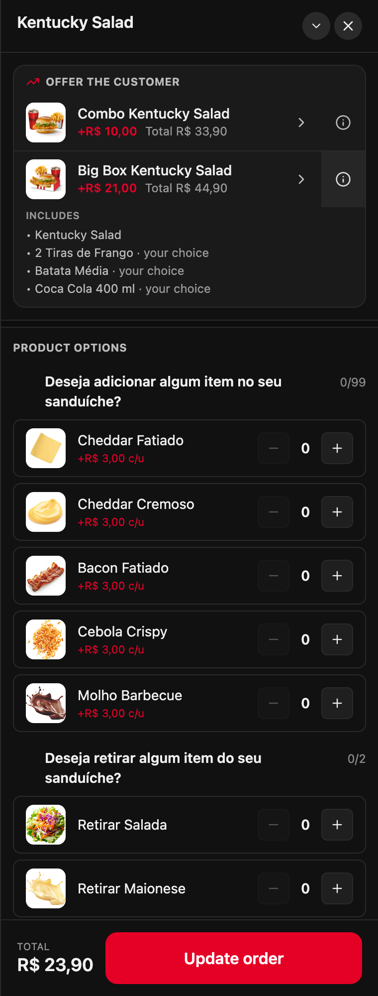 Big Box details open: Kentucky Salad, 2 Tiras de Frango, Batata Média and Coca Cola 400 ml, the last three your choice