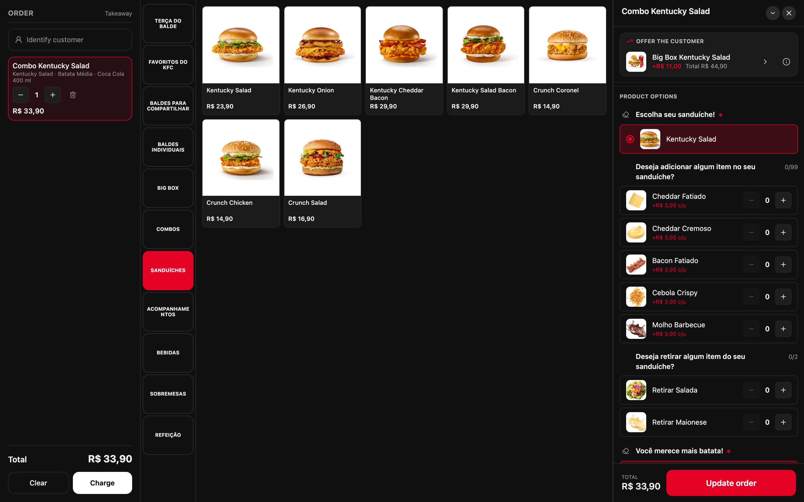 The order with Combo Kentucky Salad instead of the sandwich and the combo panel suggesting the Big Box for R$ 11,00 more