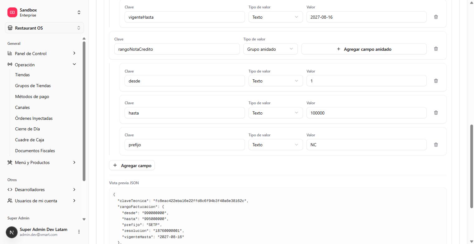 Continuation of the same screen: the rangoNotaCredito group with desde, hasta and prefijo, and below it the preview of the resulting JSON.
