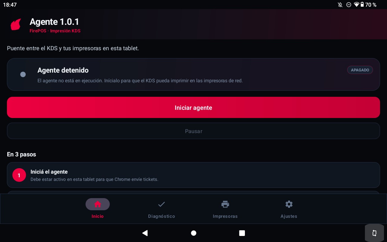 Pestaña Home del Agente Fire Android con el agente detenido y Start agent