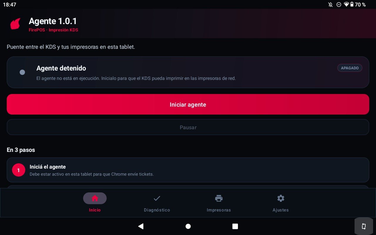 Pestaña Home del Agente Fire Android con el agente detenido y Start agent