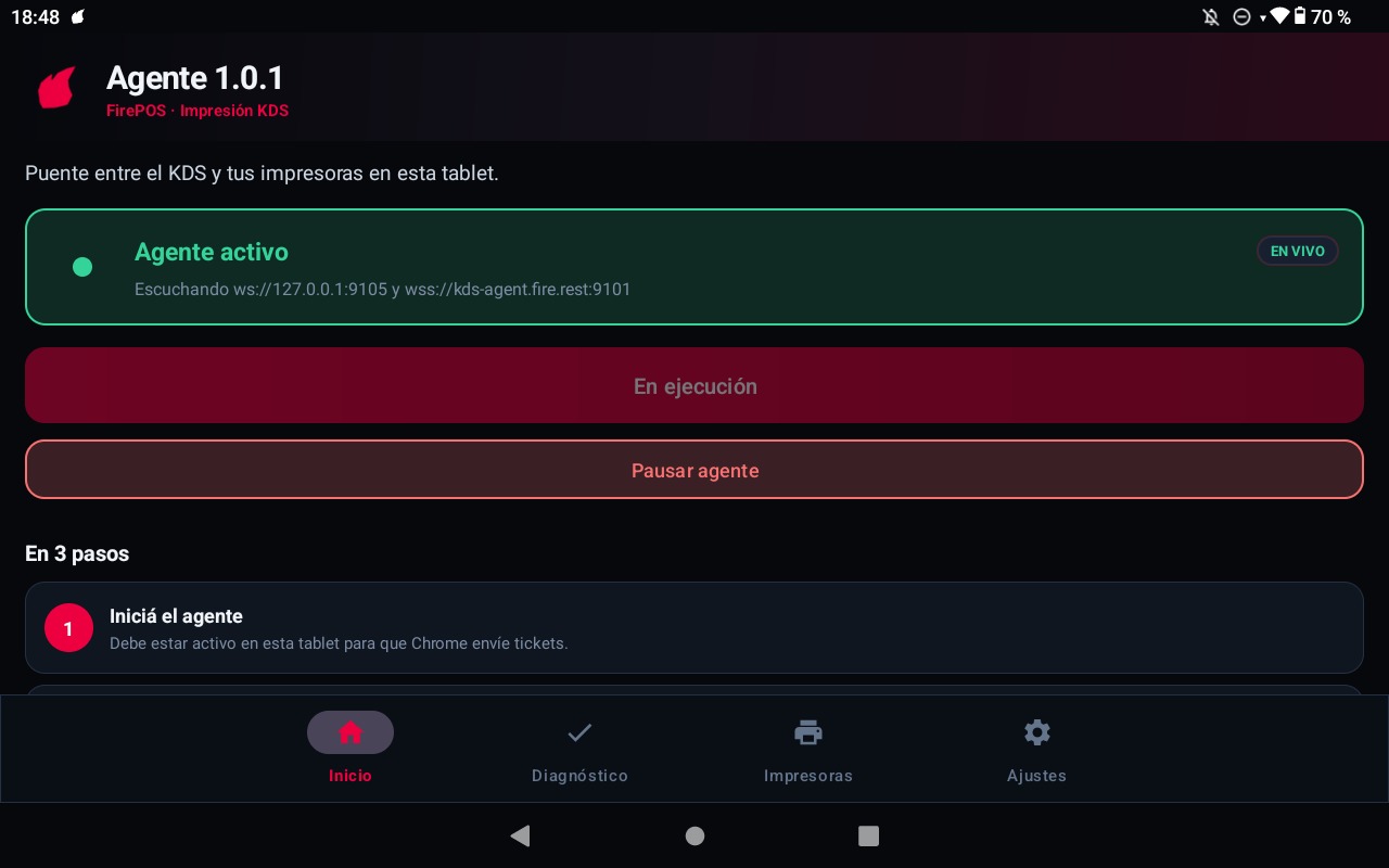 Pestaña Home del Agente Fire Android en LIVE con la línea de estado ws y wss