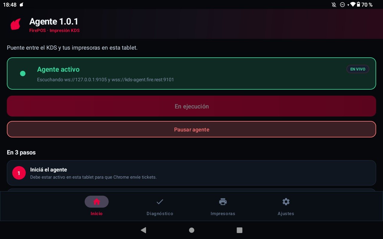 Pestaña Home del Agente Fire Android en LIVE con la línea de estado ws y wss