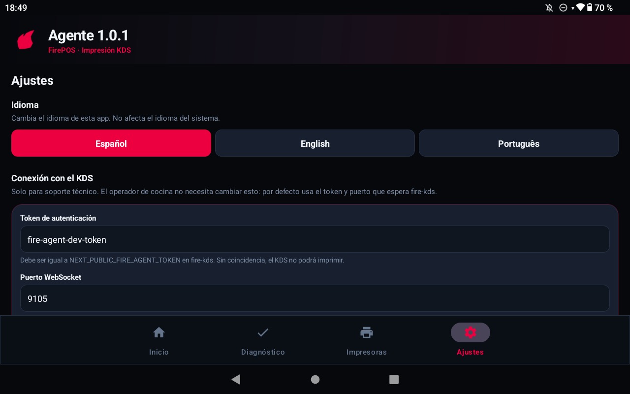 Settings del Agente Fire Android con Auth token y WebSocket port