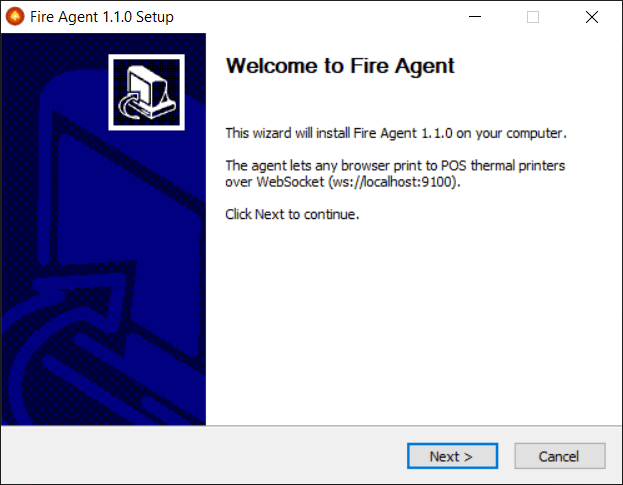 Fire Agent setup wizard — welcome screen