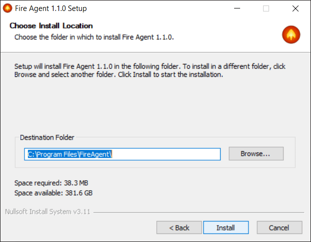 Fire Agent setup wizard — installation folder