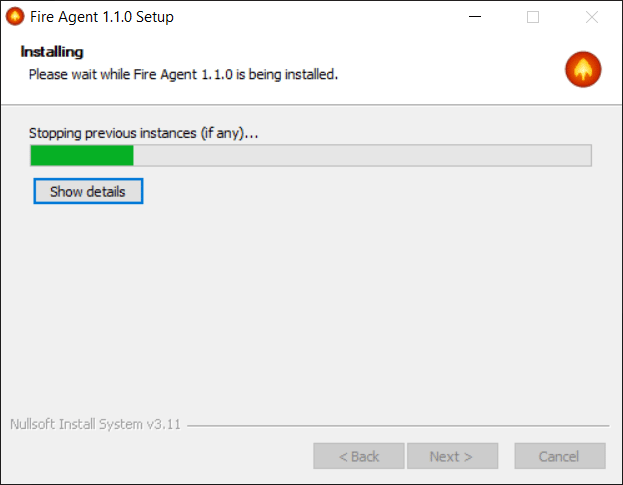 Fire Agent setup wizard — progress bar