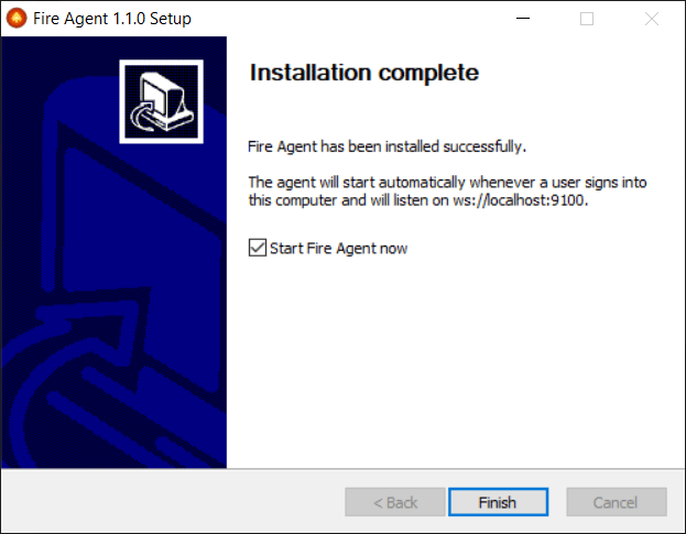 Fire Agent setup wizard — installation complete