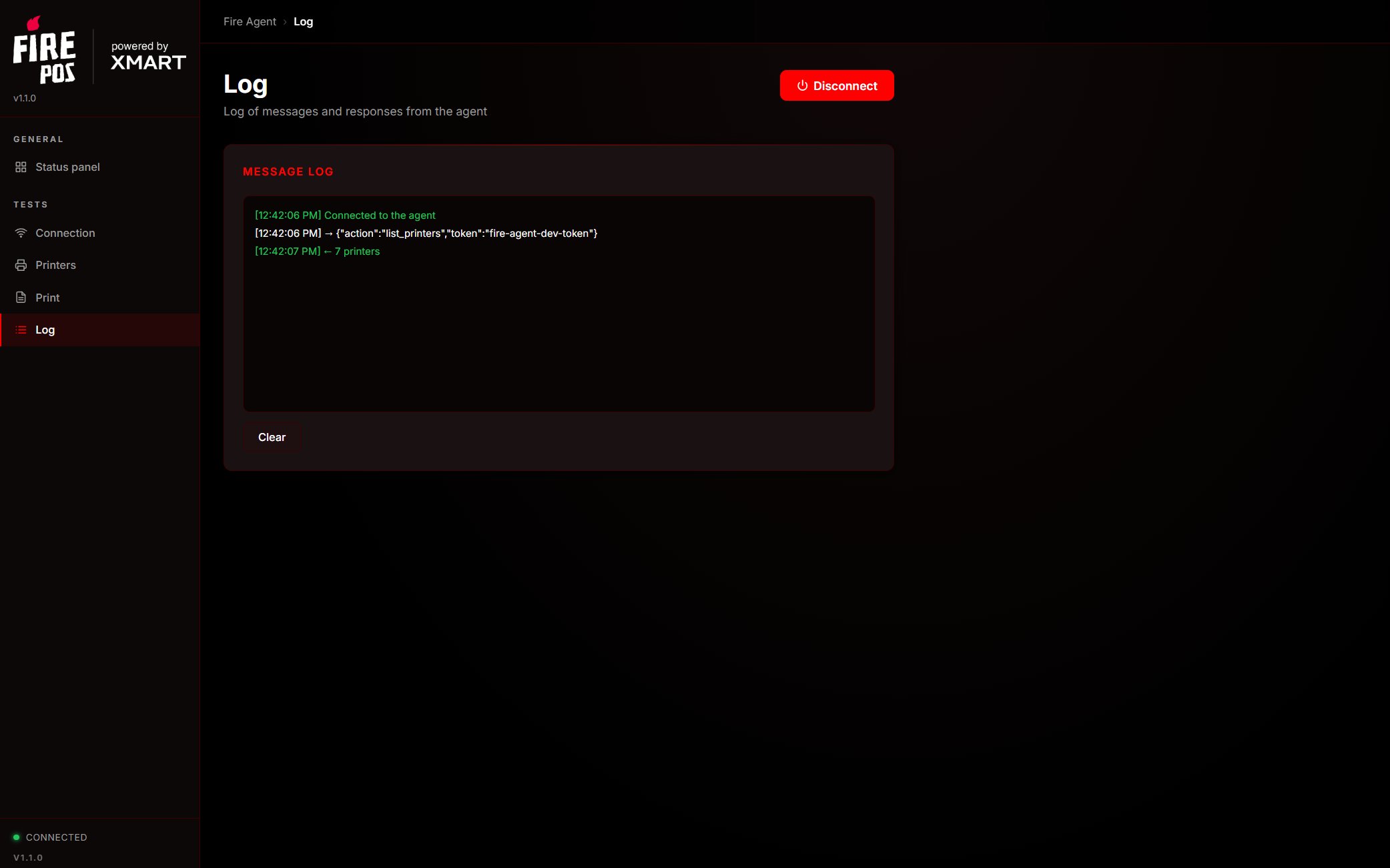 Fire Agent test page — Log section