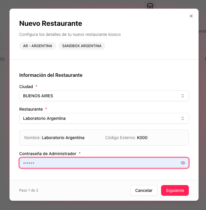 Step 1 of the New Restaurant modal