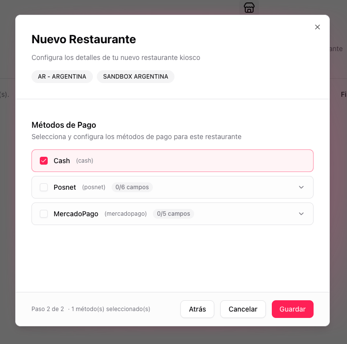Step 2 of the modal with payment methods
