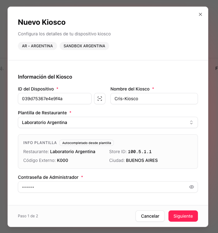 Step 1 of the New Kiosk modal