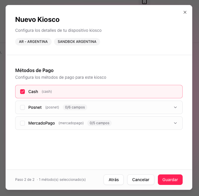 Step 2 of the New Kiosk modal with payment methods