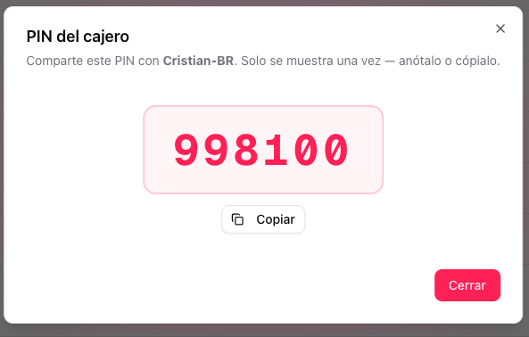 Generated cashier PIN shown once after saving