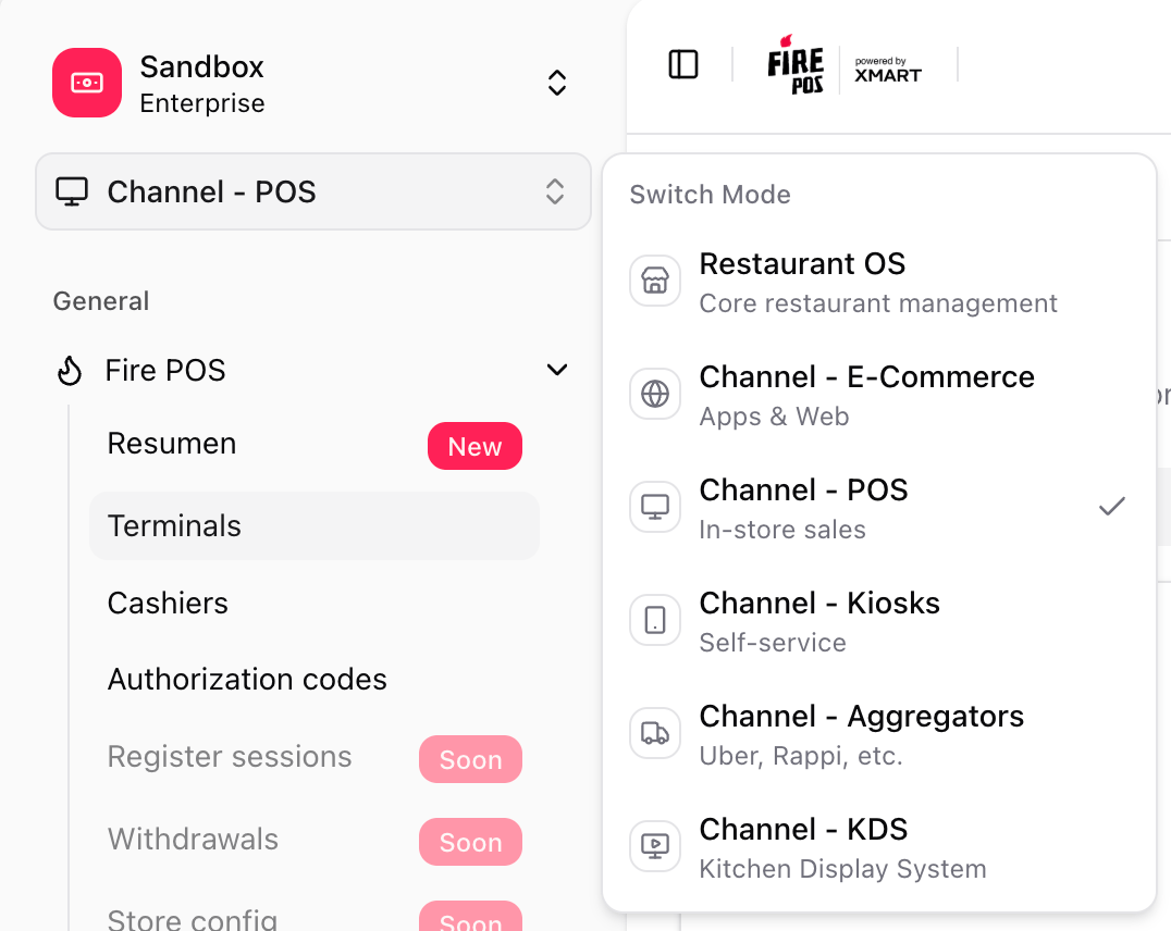 Channel selector with Fire POS selected