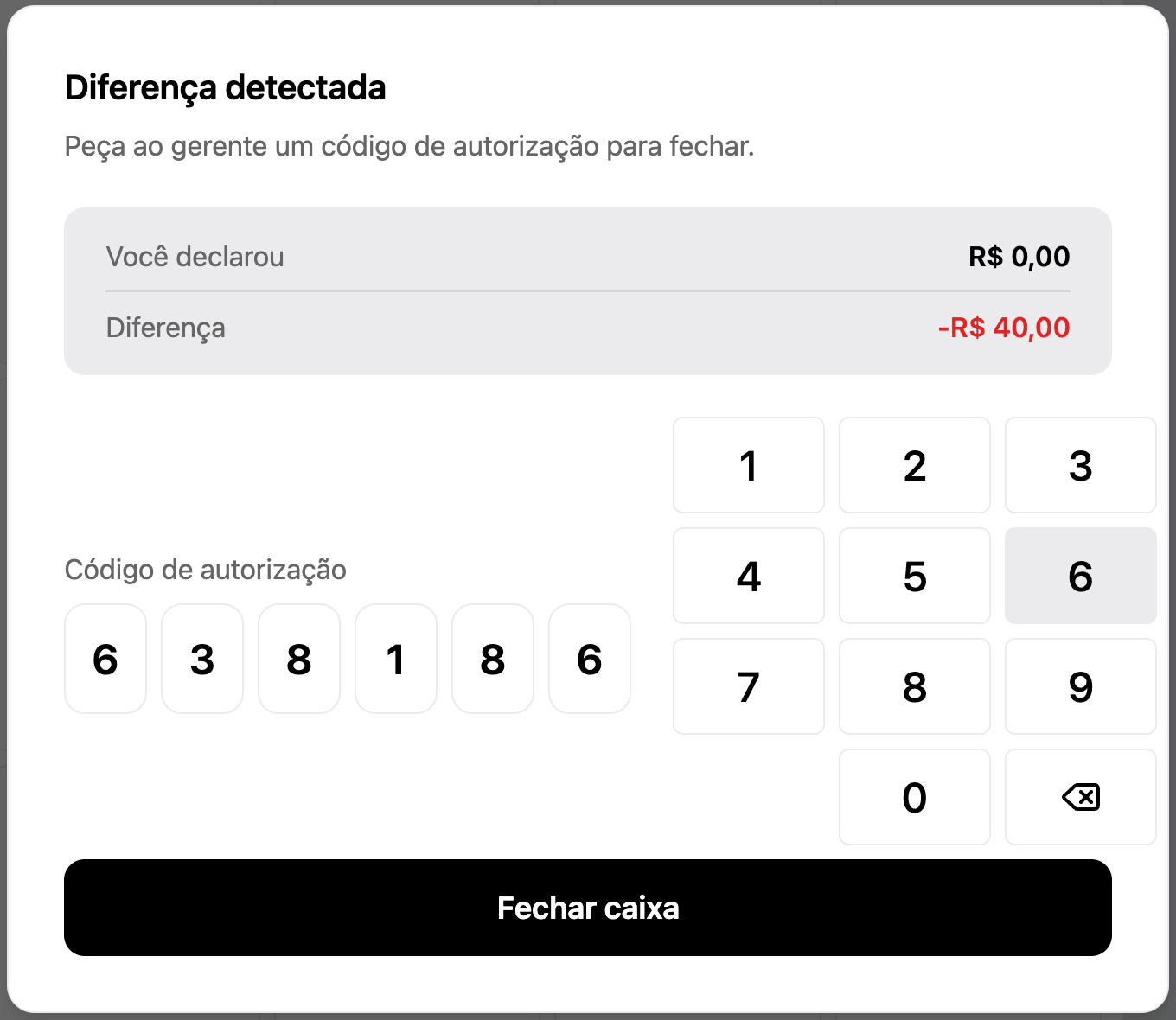 Authorization code entered in the POS