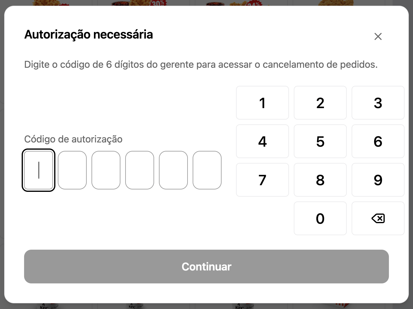 POS screen asking for the manager code to access order cancellation