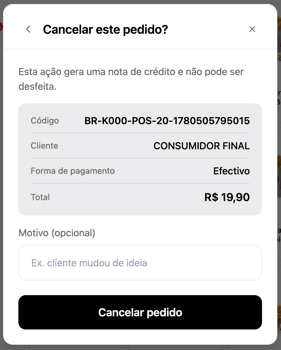 Cancellation confirmation with the optional reason field