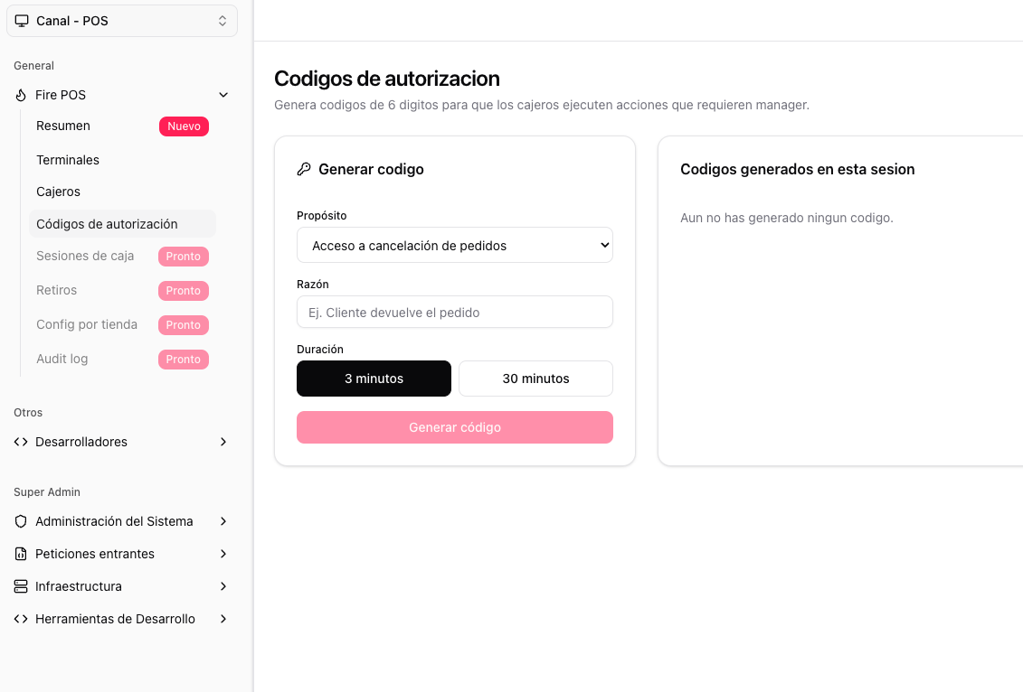 Authorization-code generation section in the Fire backoffice