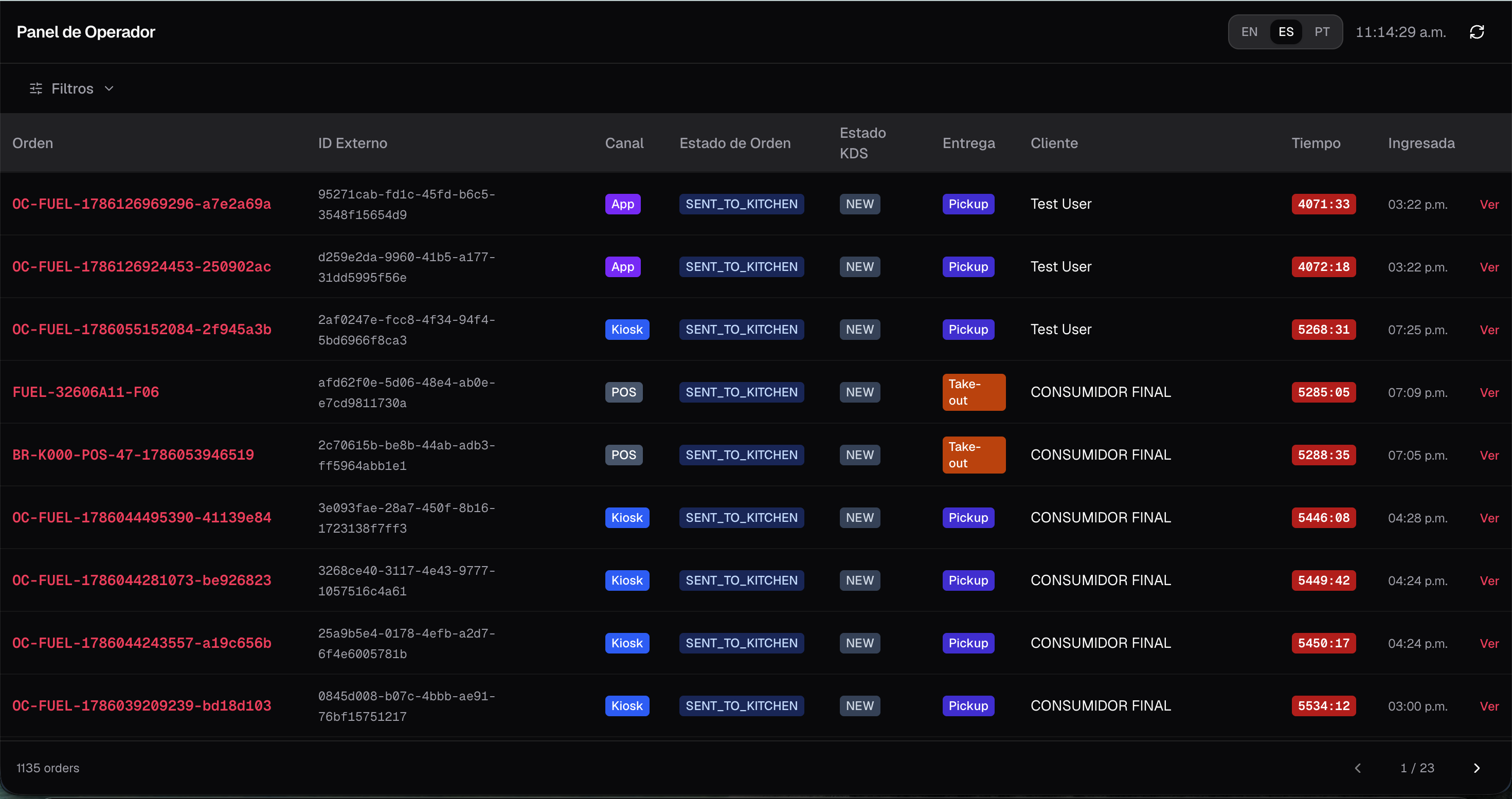 Operator board order list with badges and timers