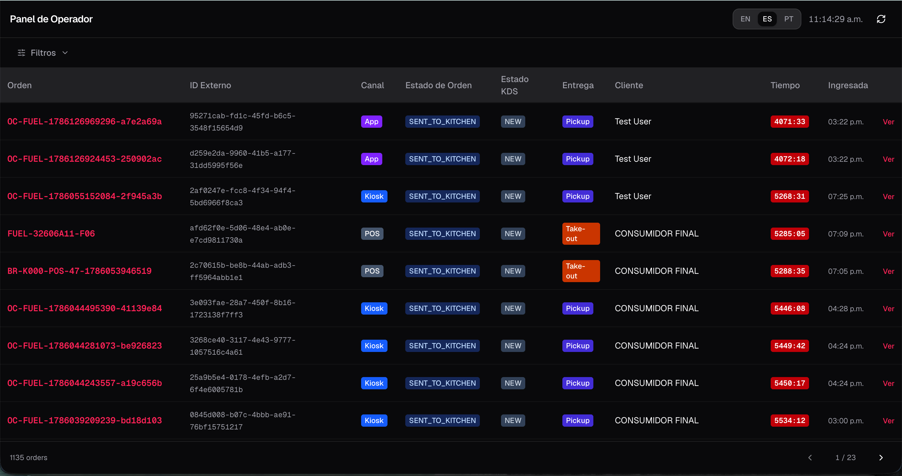 Operator board order list with badges and timers