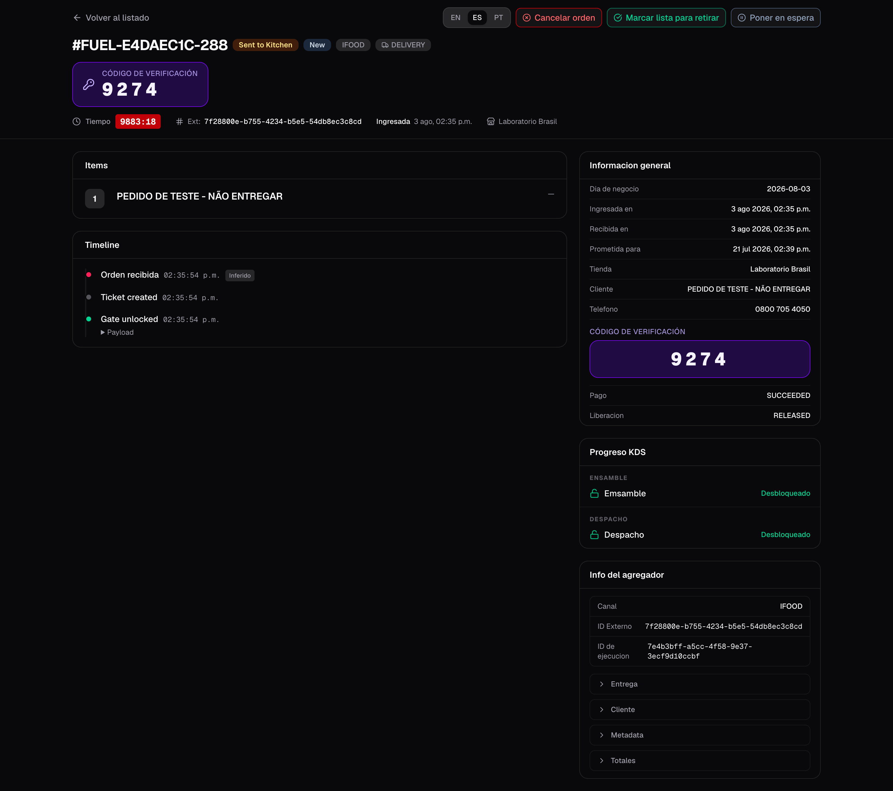 Operator order detail with header, lines, and KDS progress