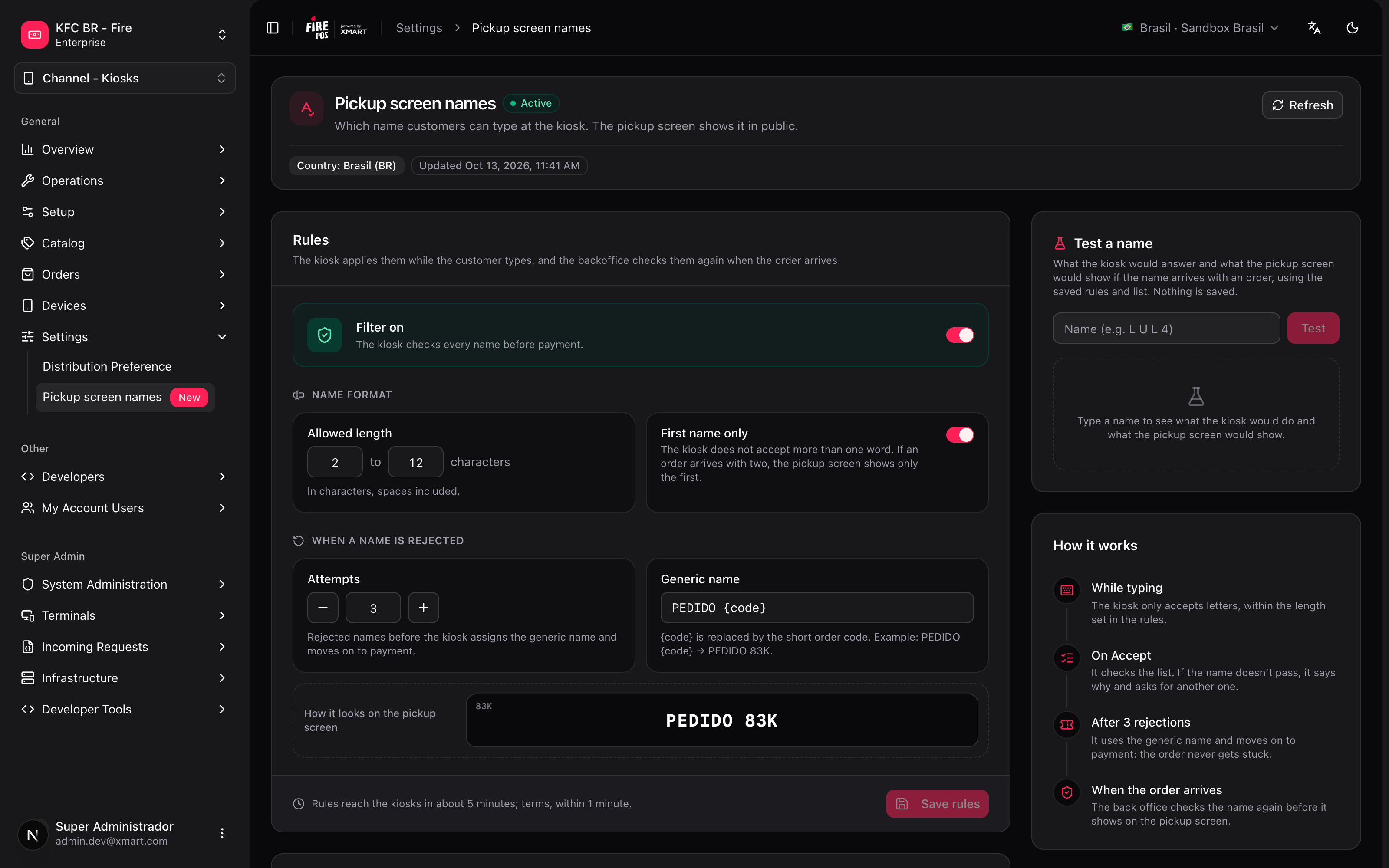 Pickup screen names page with the filter on, the rules, the tester and How it works