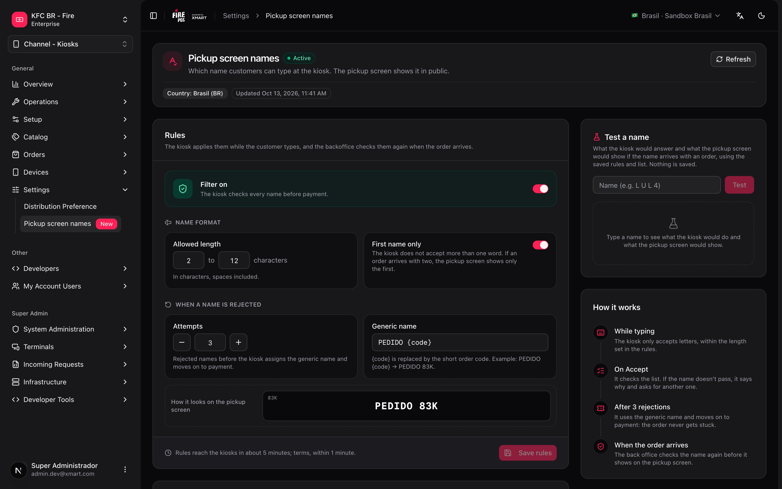 Pickup screen names page with the filter on, the rules, the tester and How it works